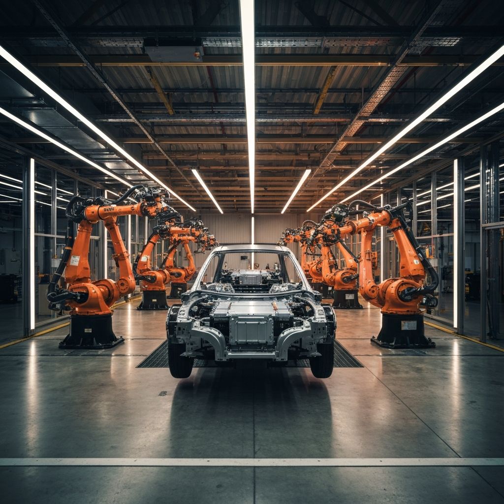 Modern automotive assembly line with overhead cranes